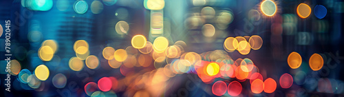 Abstract Bokeh Lights on Cityscape Background with Evening Blue Tones. Generative AI