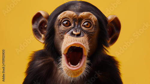 A baby monkey with a big open mouth and wide eyes. Concept of surprise and excitement. A baby monkey in a yellow background © Nataliia_Trushchenko