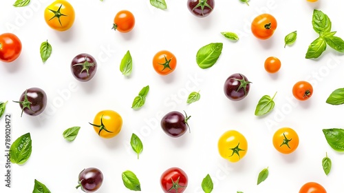 flat lay composition of various colorful tomatoes and basil leaves isolated on white background top view   Generative AI