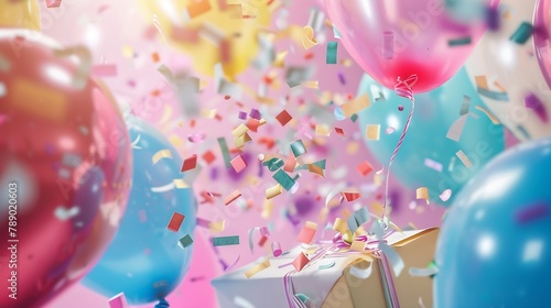 Birthday party flat lay with colorful balloons and confetti escaping from a gift box : Generative AI