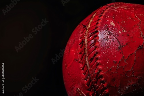 Red cricket ball. Macro shot of tampered seam of cricket ball over black background. . photo