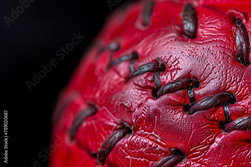 Red cricket ball. Macro shot of tampered seam of cricket ball over black background. .