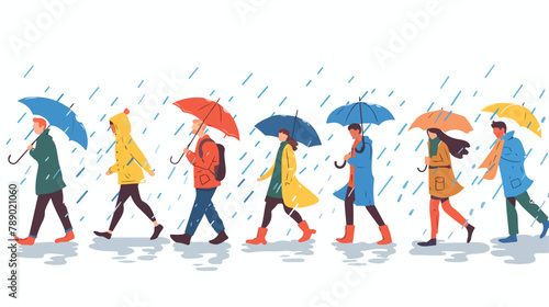 People in heavy rain with flood walking in puddle. Ex