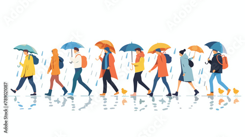 People in heavy rain with flood walking in puddle. Ex