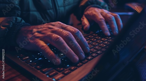 Close up of a mans hands on keyboard of lap top in the dark room people working at home modern white notebook Internet work technology concept : Generative AI photo