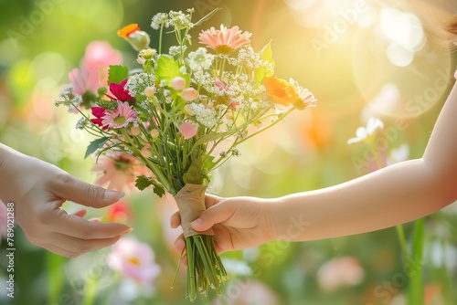 Close view of a child s hands as they give a bouquet to mom in a sunny garden photo