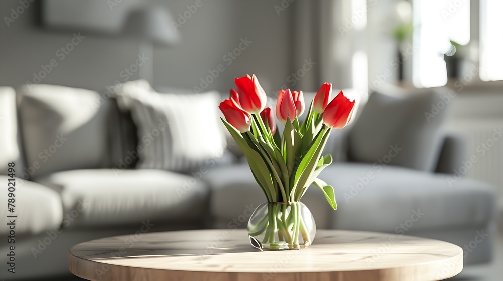 Closeup of tulips on wooden round table in natural grey living room interior with a couch : Generative AI Closeup of tulips on wooden round table in natural grey living room interior with a couch : Generative AI