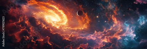 panorama of outer space with stars, constellations, galaxies, planets and black hole