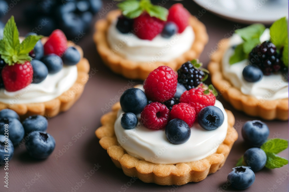 Healthy dessert cheese summer pastry tartlets Berry view cake cream top - obrazy, fototapety, plakaty 