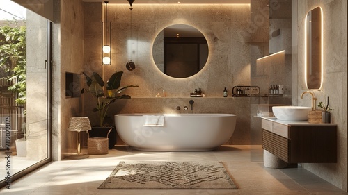 Interior design, a luxurious modern bathroom combining warm tones with soothing cool lighting,