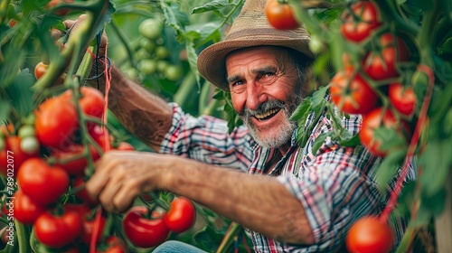 Smiling elderly caucasian farmer harvesting ripe tomatoes in greenhouse