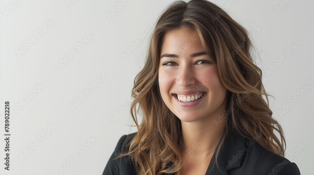 Closeup portrait of beautiful young businesswoman looking happy and confident to the left Big smile on her face looking beautiful and cheerful standing isolated on white background : Generative AI Closeup portrait of beautiful young businesswoman looking happy and confident to the left Big smile on her face looking beautiful and cheerful standing isolated on white background : Generative AI
