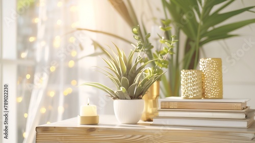 Plants books and decorations with golden elements for a trendy and modern white living room interior standing on wooden furniture : Generative AI