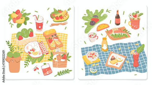 Picnic cards set. Food snacks drinks on blanket in na