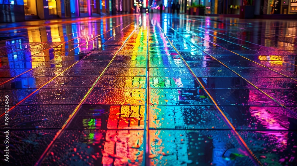Obraz premium Vibrant reflections on a wet city street at night