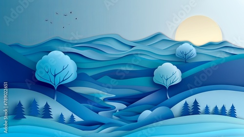 Serene blue paper art landscape with sun and birds