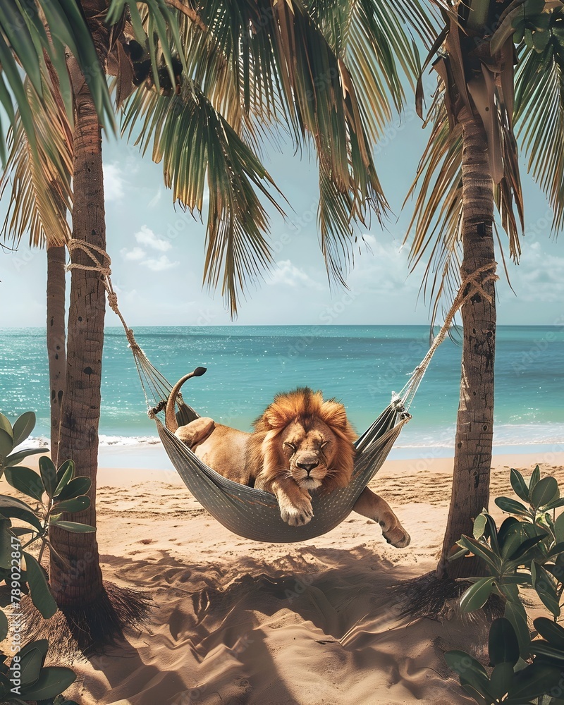 Majestic Lion Snoozing Peacefully in Tropical Beach Hammock with Lush Vegetation and Turquoise Waters - obrazy, fototapety, plakaty 