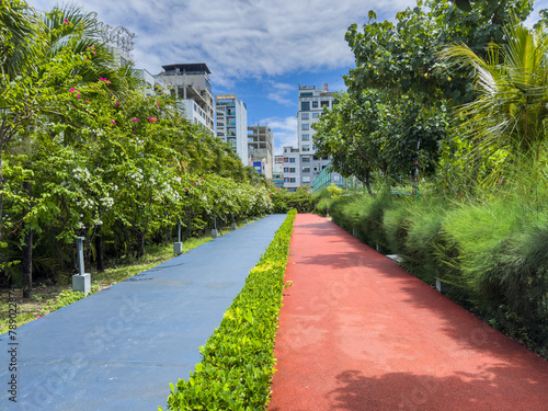 inside the famous Lonuziyaaraiy Park on Malé Island with running track and lots of colorful and green vegetation. A recreations area for Malé population