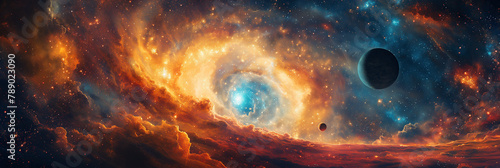fantastic panorama with black hole, supernova and a wormhole with planets in galaxy in space