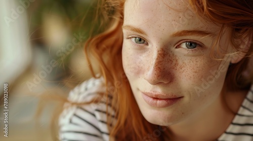 Close up highlydetailed portrait of amazing charming young European woman with ginger hair and perfect healthy freckled skin wearing striped tshirt looking at camera with pretty cute s : Generative AI photo