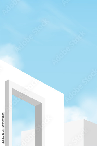 Wall Concrete with 3D Open Window against Blue sky and Clouds,Exterior Rooftop White cement building,Ant view Minimal Modern architecture. with summer sky Backdrop Background for Spring, Summer