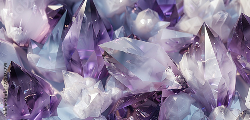 Striking 3D amethyst crystals contrast with white for unique backdrop designs.