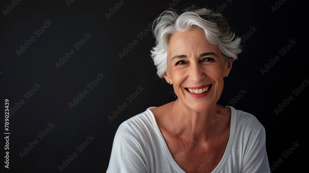 Portrait of a happy senior woman smiling at the camera Over black background : Generative AI Portrait of a happy senior woman smiling at the camera Over black background : Generative AI