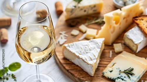 Various cheese on board and white wine Flat lay : Generative AI