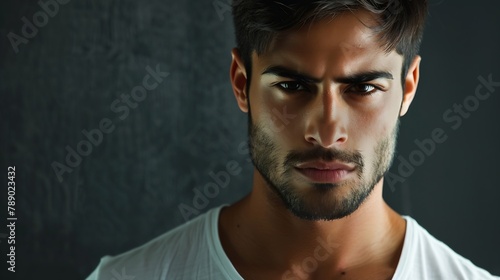 Closeup portrait of hispanic indian male serious young student man freelancer model stand indoor posing at camera with confident deep look millennial ethnic handsome brunet guy show fa : Generative AI