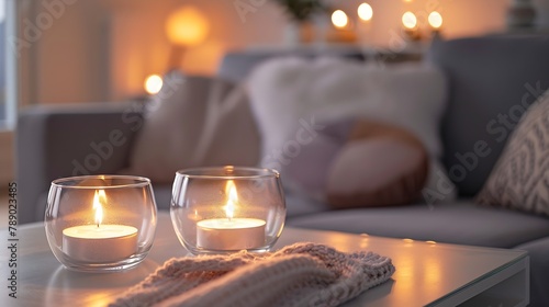 Tealights in glass candle holders decorating living room with gray sofa : Generative AI