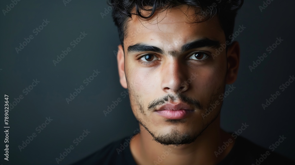 Closeup portrait of hispanic indian male serious young student man freelancer model stand indoor posing at camera with confident deep look millennial ethnic handsome brunet guy show fa : Generative AI Closeup portrait of hispanic indian male serious young student man freelancer model stand indoor posing at camera with confident deep look millennial ethnic handsome brunet guy show fa : Generative AI