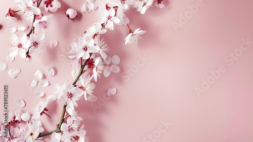 Spring floral background texture and wallpaper Flatlay of white almond blossom flowers over light pink background top view copy space Womens day holiday greeting card or wedding invita : Generative AI photo