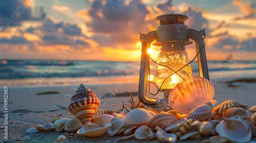 Lantern with shells on beach with collecting shells in the background at sunrise
