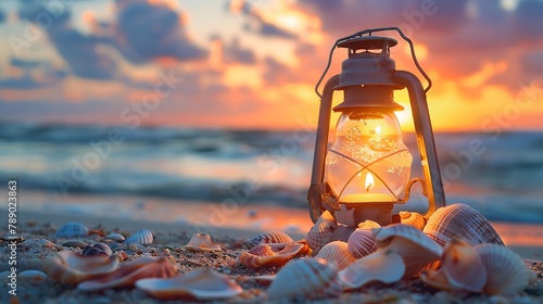 Lantern with shells on beach with collecting shells in the background at sunrise