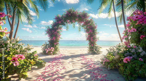 Fototapeta Naklejka Na Ścianę i Meble -  beach wedding arch with flowers and wood, beautiful tropical ocean background. floral wedding arch
