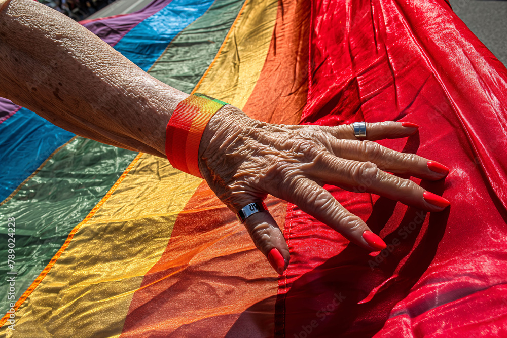 Fototapeta premium Hand of an elderly person touching a rainbow flag on the street