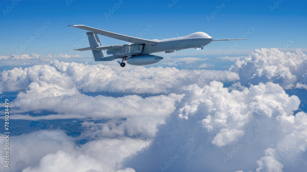 Obraz premium A military unmanned aerial vehicle UAV is soaring high above an expansive sea of cumulus clouds against the blue sky
