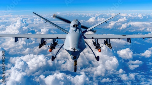 A military unmanned aerial vehicle UAV is soaring high above an expansive sea of cumulus clouds against the blue sky