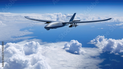 A military unmanned aerial vehicle UAV is soaring high above an expansive sea of cumulus clouds against the blue sky