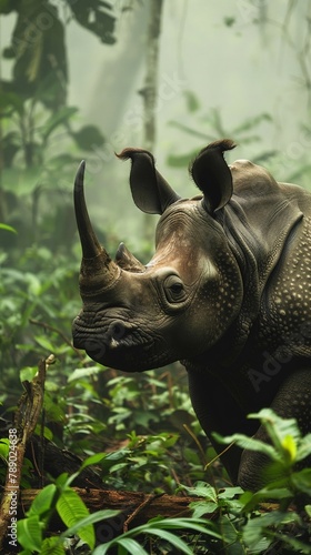 Javan rhino in dense jungle  morning mist  closeup  rich greens  rare sighting  tranquil  endangered species 