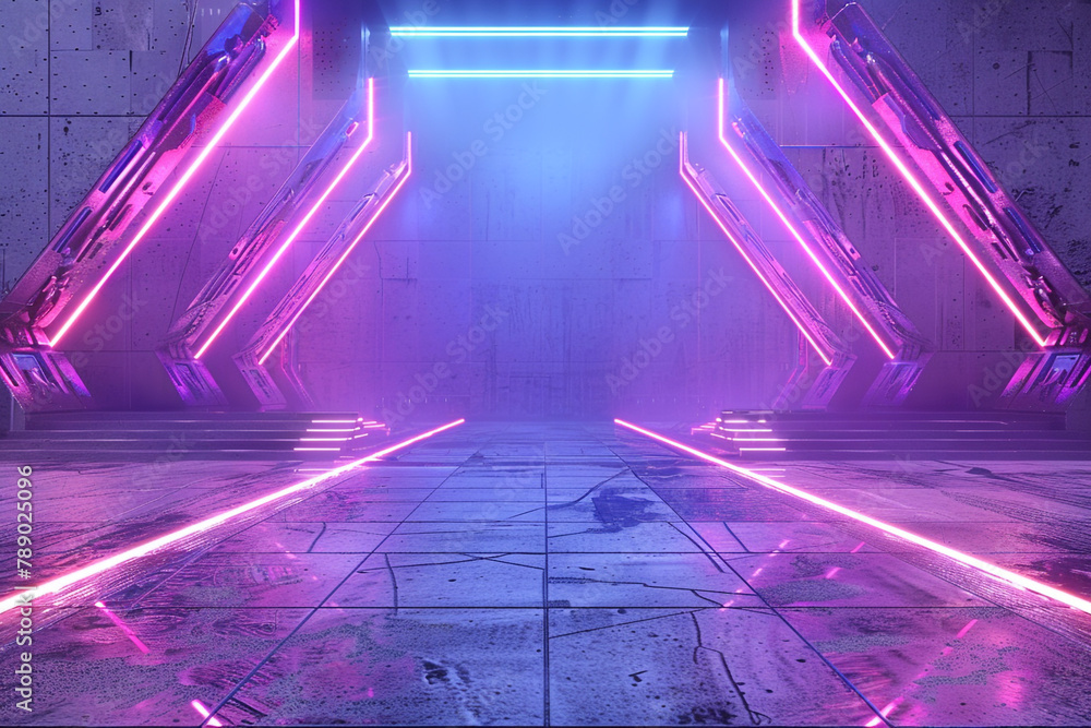 Sci Fi Neon Purple Pink Blue Glowing Laser Led Futuristic Modern Empty Dance Lights On Grunge Reflective Concrete Texture Lines Tiled Alien Ship Background 3D Rendering