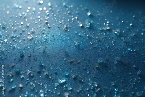 This close-up reveals the mesmerizing beauty of crystal-like water droplets on a deep blue surface