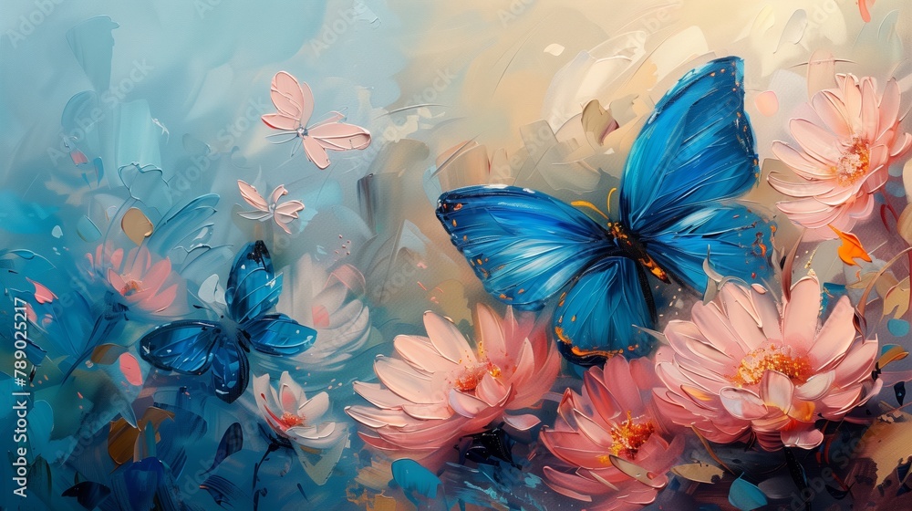 Blue and Pink Butterflies with Blooming Flowers