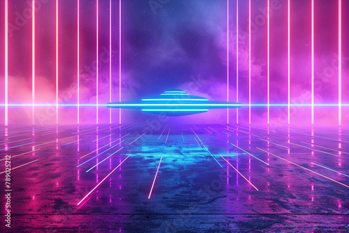 Sci Fi Neon Purple Pink Blue Glowing Laser Led Futuristic Modern Empty Dance Lights On Grunge Reflective Concrete Texture Lines Tiled Alien Ship Background 3D Rendering