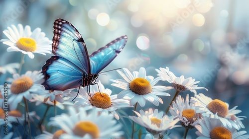 Iridescent Blue Butterfly on White Daisies