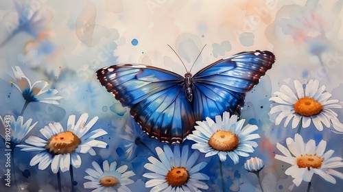 Blue Butterfly Gracefully Perched on Daisies