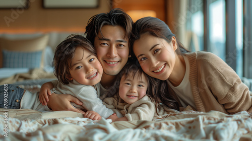 Happy Asian family laying on bed smile  top view --no dark picture logo --chaos 15 --ar 16 9 --style raw --stylize 900 Job ID  4def5516-64eb-4364-91c6-3931367b1d30