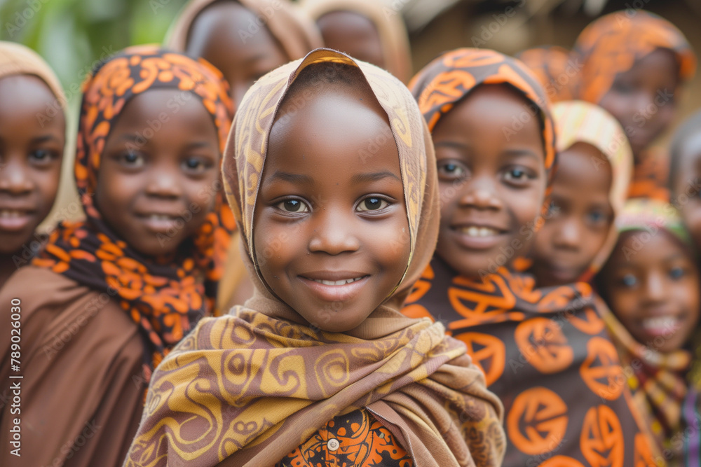 A group of young African girls, wearing traditional headscarves made of brown cloth with orange patterns, smile at the camera as they stand in front of their village house. A group of young African girls, wearing traditional headscarves made of brown cloth with orange patterns, smile at the camera as they stand in front of their village house.