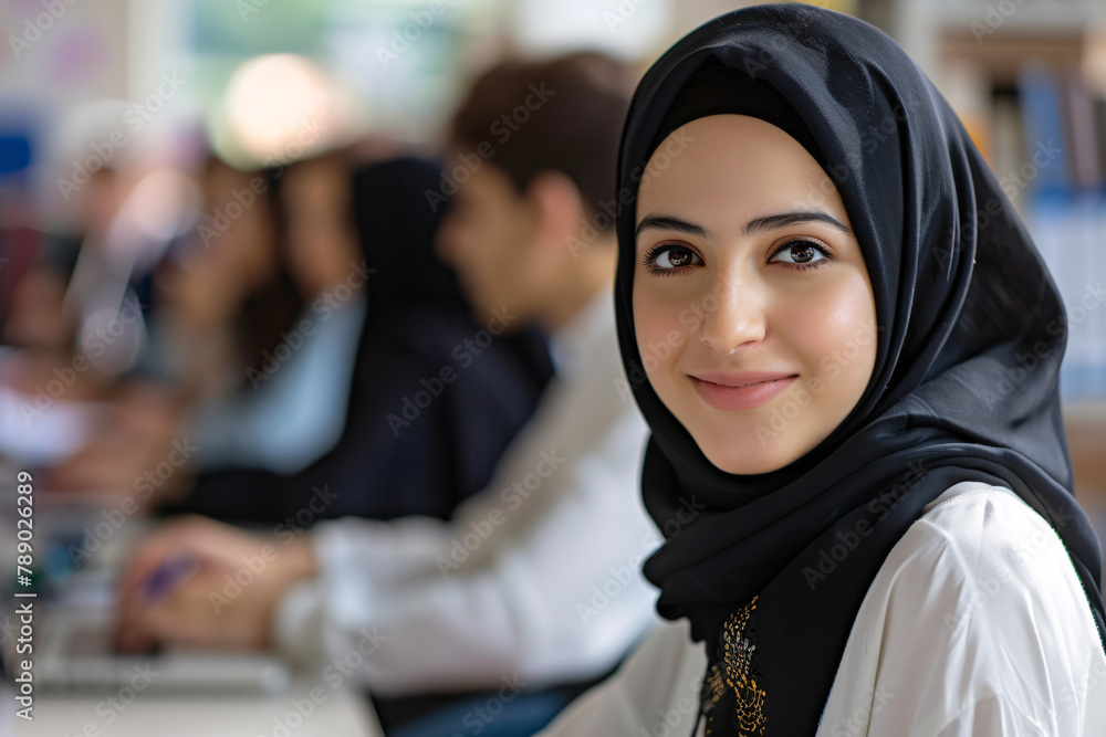 Portrait of a woman with hijab and a friendly smile at a desk Portrait of a woman with hijab and a friendly smile at a desk