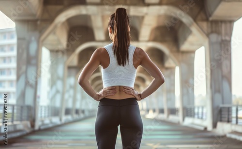 Urban workout  Fitness woman standing backwards in sportswear and leggings.